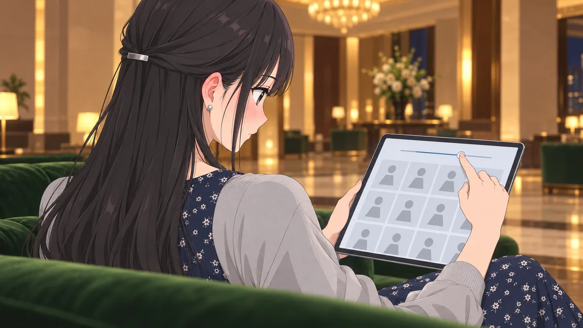 夜のホテルのロビーのソファで、伊緒がタブレットの条件のつまみを指で動かしながら一覧を確かめ、耳まで赤くなっている