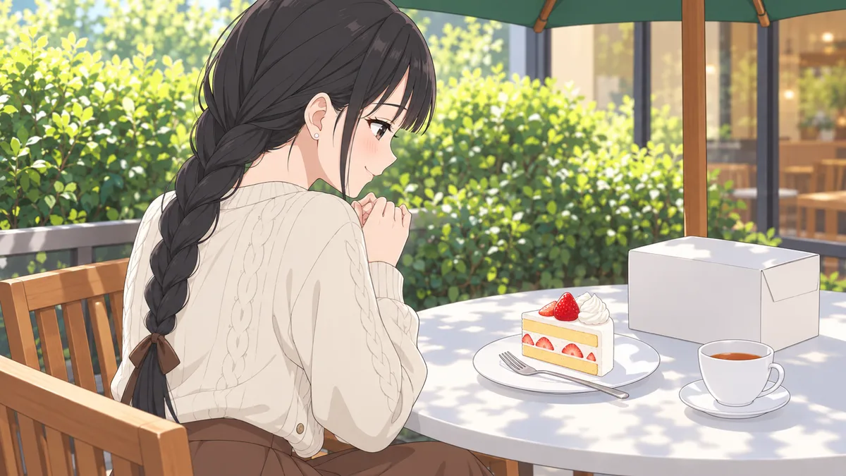 午後のカフェのテラス席で、伊緒がふたを閉めたケーキの箱には目もくれず、切り分けたショートケーキの断面をうっとり見つめている