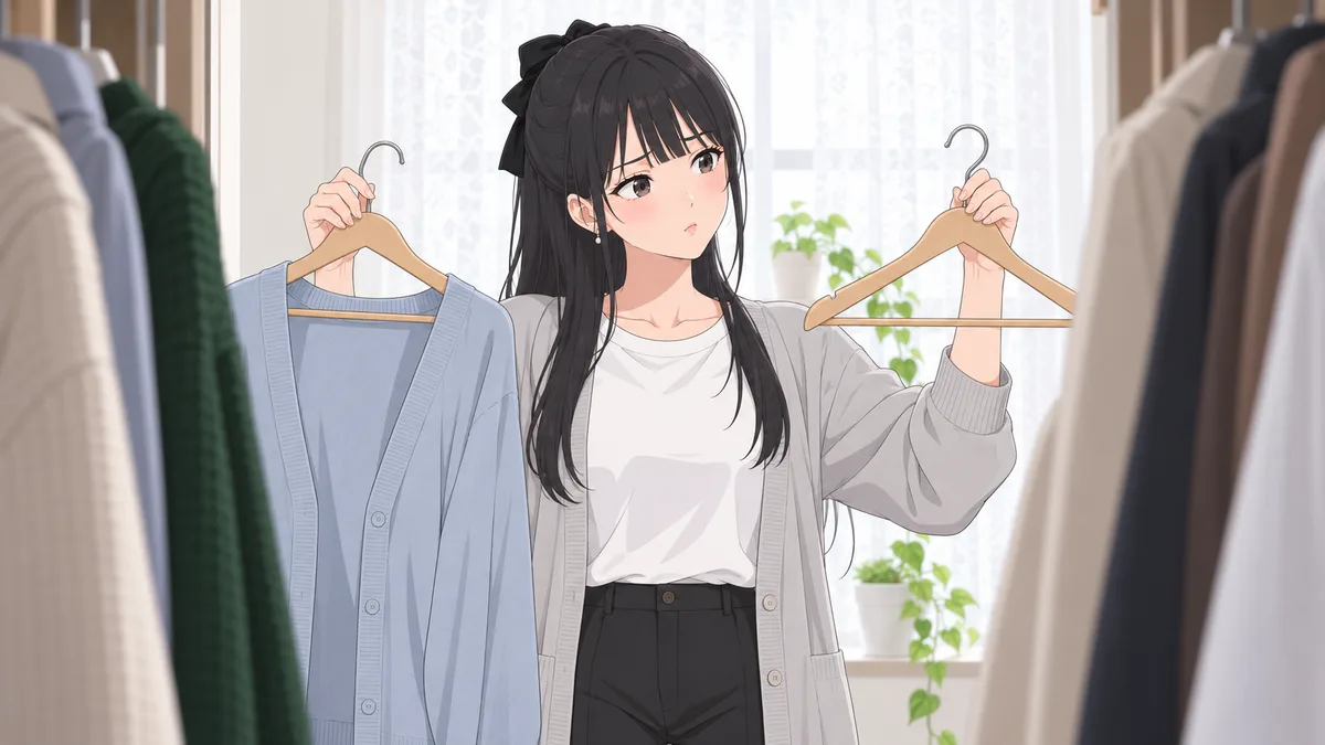 休日の朝、自分の部屋のクローゼットの前で、伊緒が同じ形のハンガーを2本持ち上げ、服が掛かっている方と空っぽの方を見くらべて首をかしげている