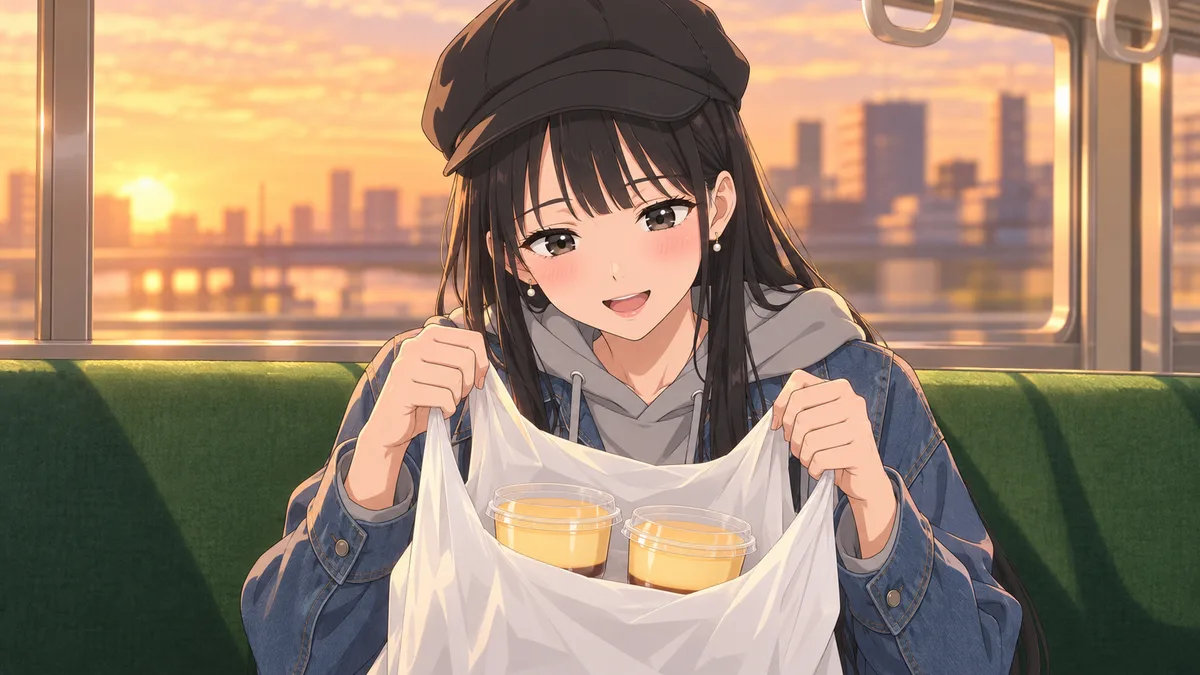 夕方、帰りの電車の座席で、伊緒がコンビニの白い袋の口を広げて、中のプリン2個をのぞきこんで笑っている
