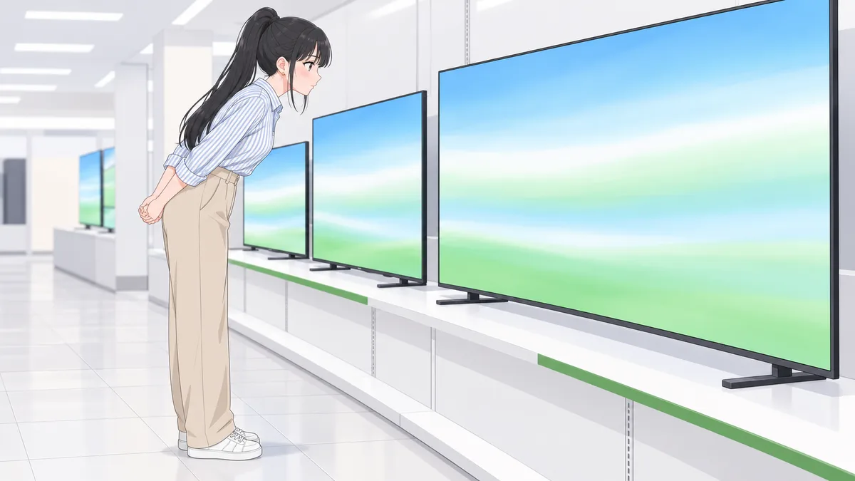 昼の家電量販店のテレビ売り場で、伊緒が大きさの違うテレビの並ぶ棚の前に立ち、いちばん大きなテレビの画面に顔を近づけて画質を見くらべている