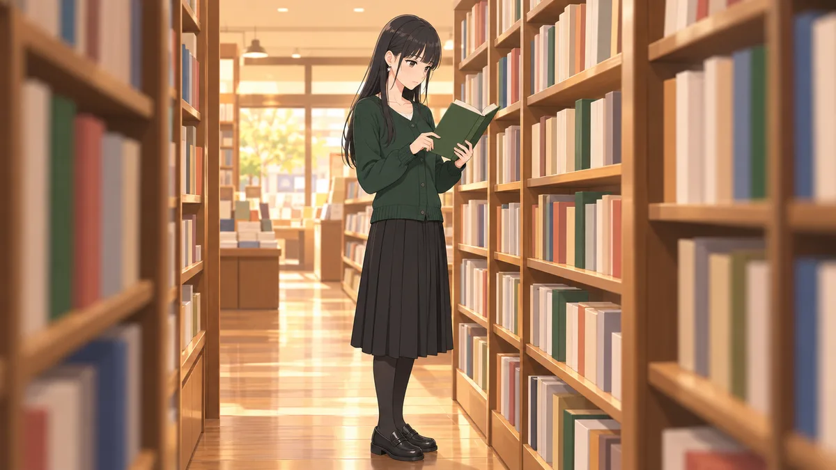 午後の書店の通路で、伊緒が棚から抜き出した本のいちばん後ろのページを開き、いつ出た本かを指でたどって確かめている