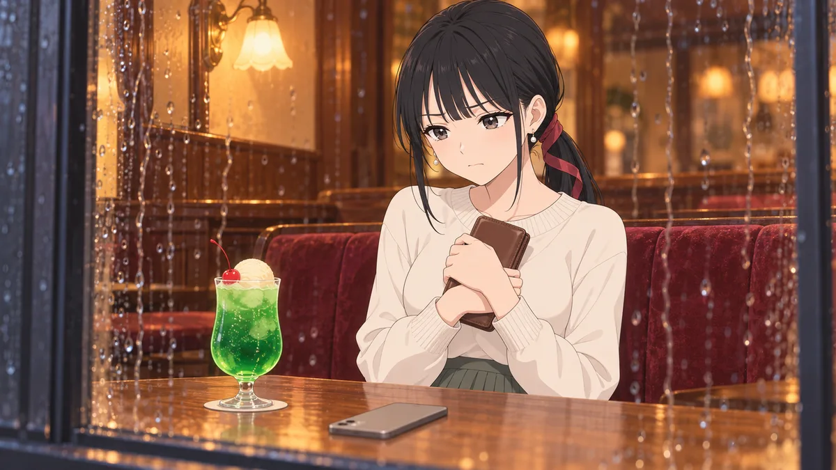 雨の日の午後の喫茶店で、伊緒がクリームソーダを前に、閉じた財布を両手でぎゅっと胸に抱え、ここでは買わないと決めている