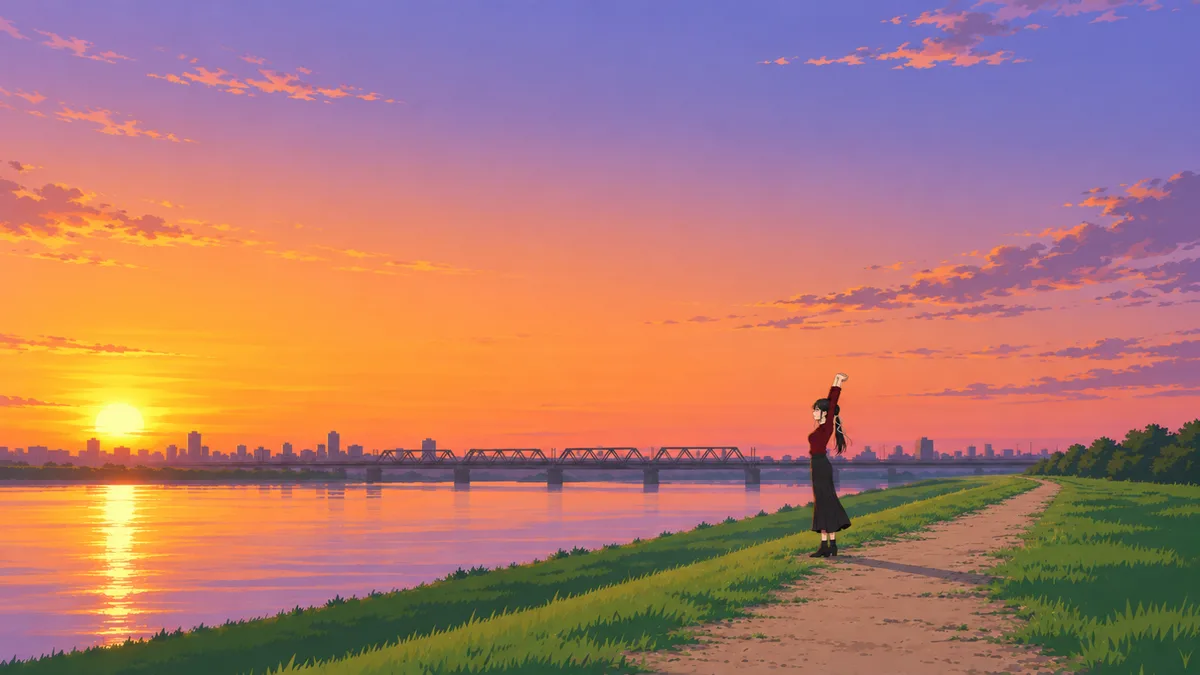 夕方の河川敷の土手の上で、伊緒が夕日の方を向いて両腕を頭の上へ伸ばし、気持ちを切りかえるように大きく伸びをしている
