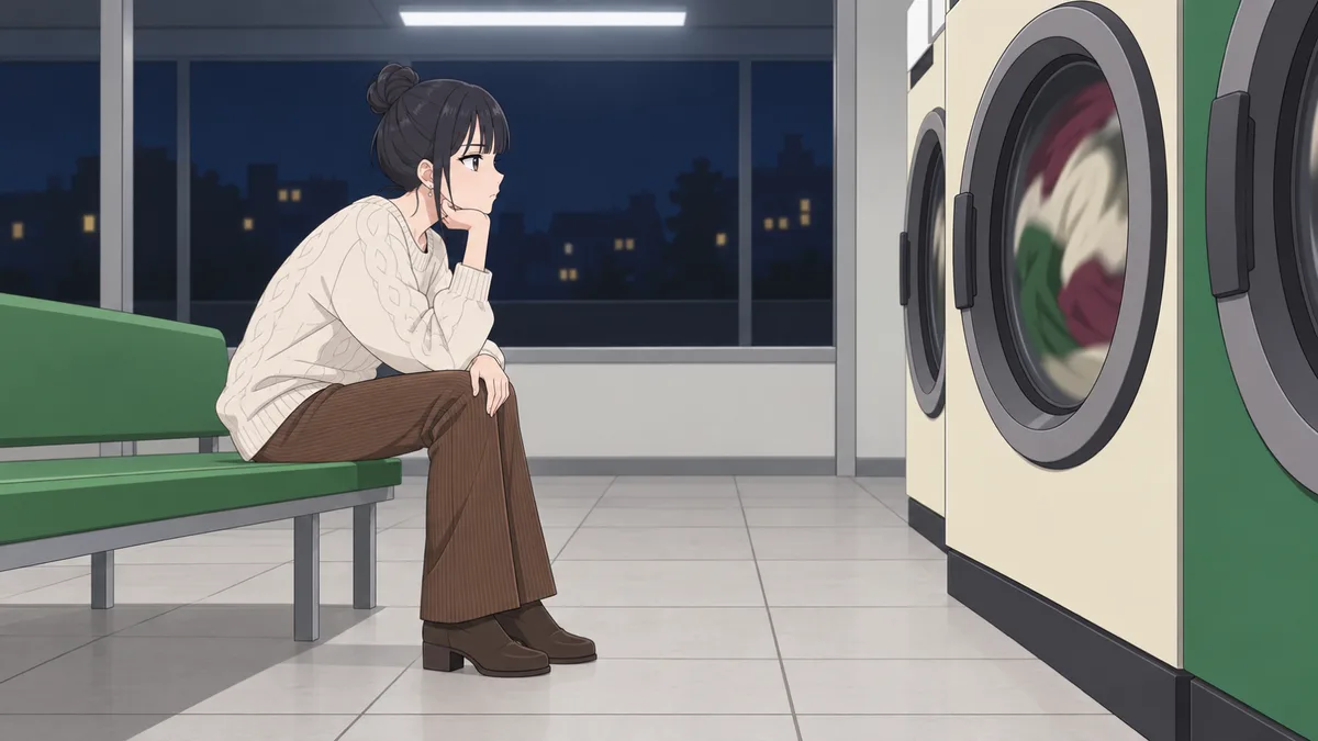 夜のコインランドリーで、伊緒がベンチでほおづえをつき、回り続ける洗濯機の窓を、いつ終わるのか分からない顔でじっと見て待っている
