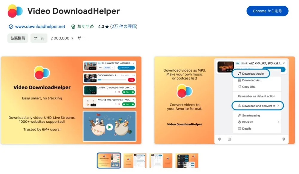 2024年当時のChromeウェブストアの Video DownloadHelper のページ