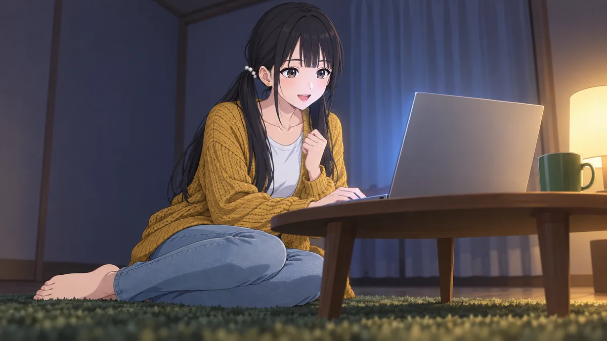 夜、照明を消した自分の部屋で、伊緒がラグに座ってローテーブルのノートPCをのぞきこみ、動画のファイルの1行を見つけて小さくこぶしを握っている