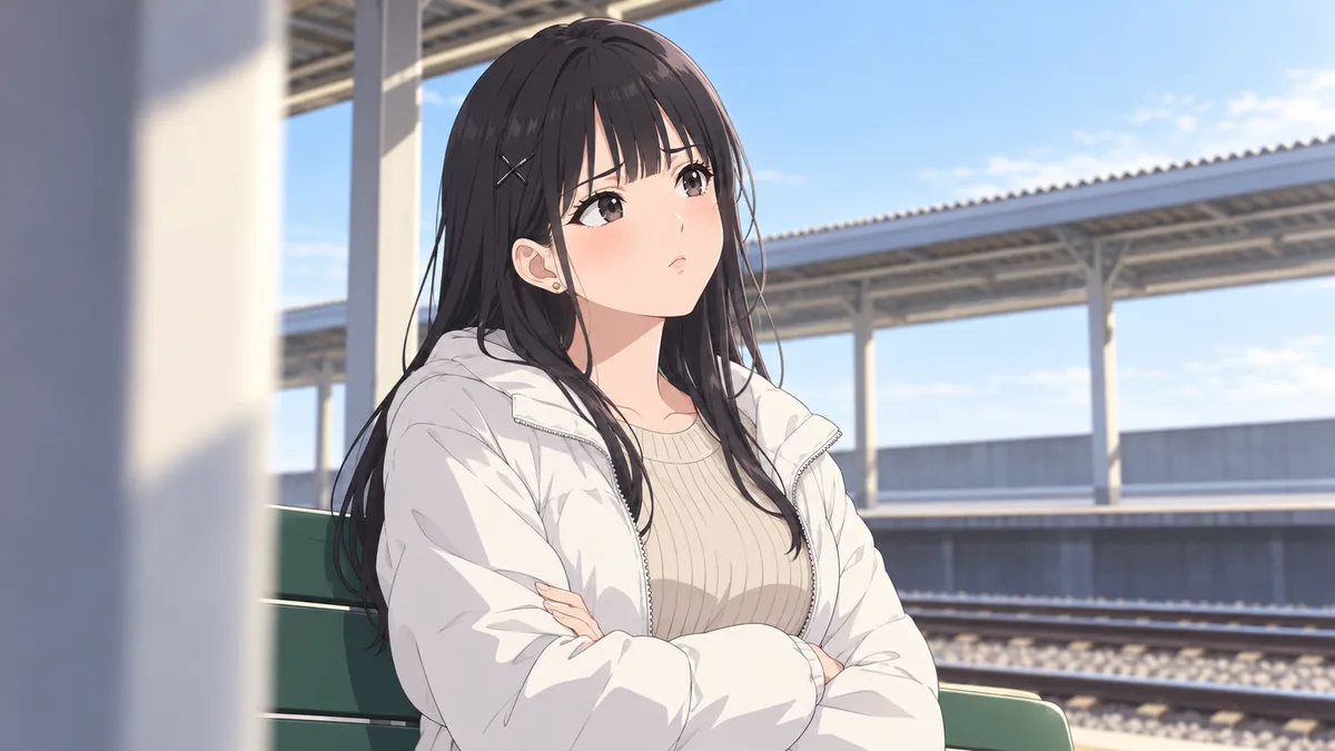 朝の駅のホームのベンチで、伊緒が腕を組んで首をかしげ、使ってよいとも悪いとも書かれていない使い方をどう扱うか考えこんでいる