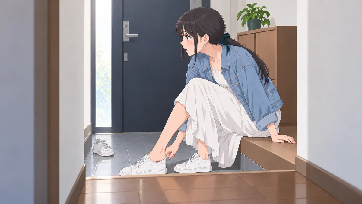 朝、自宅の玄関の段差に腰かけた伊緒が、スニーカーのかかとに指を入れてはきながら、オーナーに聞きに行こうとドアの方を見ている