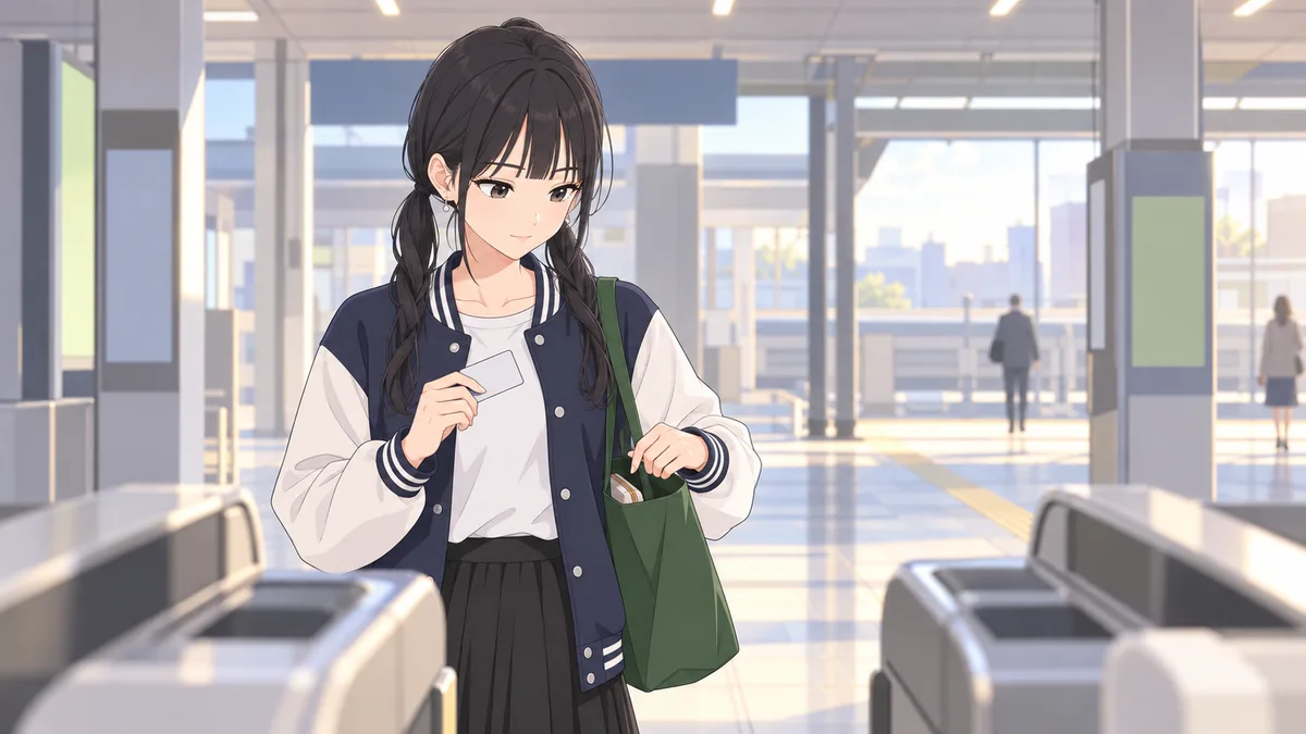 朝の駅の改札の前で、伊緒がICカードを手に持ったまま、通る前にトートバッグの中をのぞいて忘れ物が無いかを確かめている