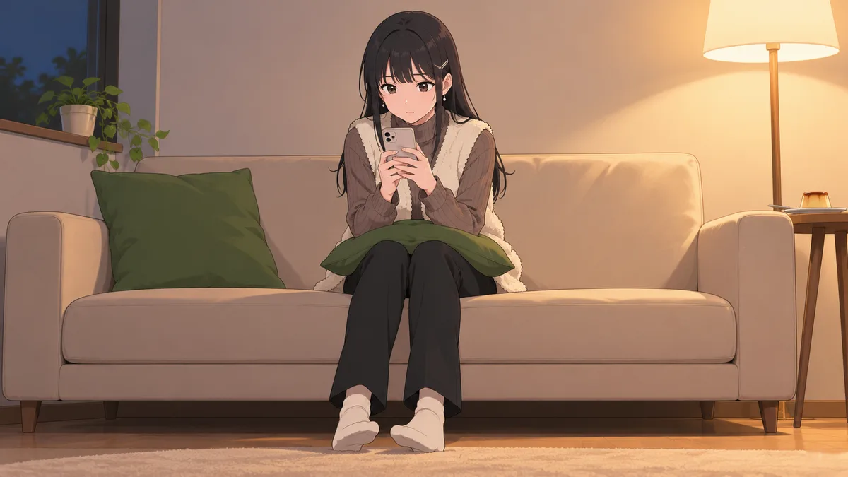 夜、自分の部屋のソファに座った伊緒が、ひざのクッションの上でスマホを両手で持ち、審査の結果の知らせが来ていないかをそわそわと見ている。横の台のプリンは手つかずのまま