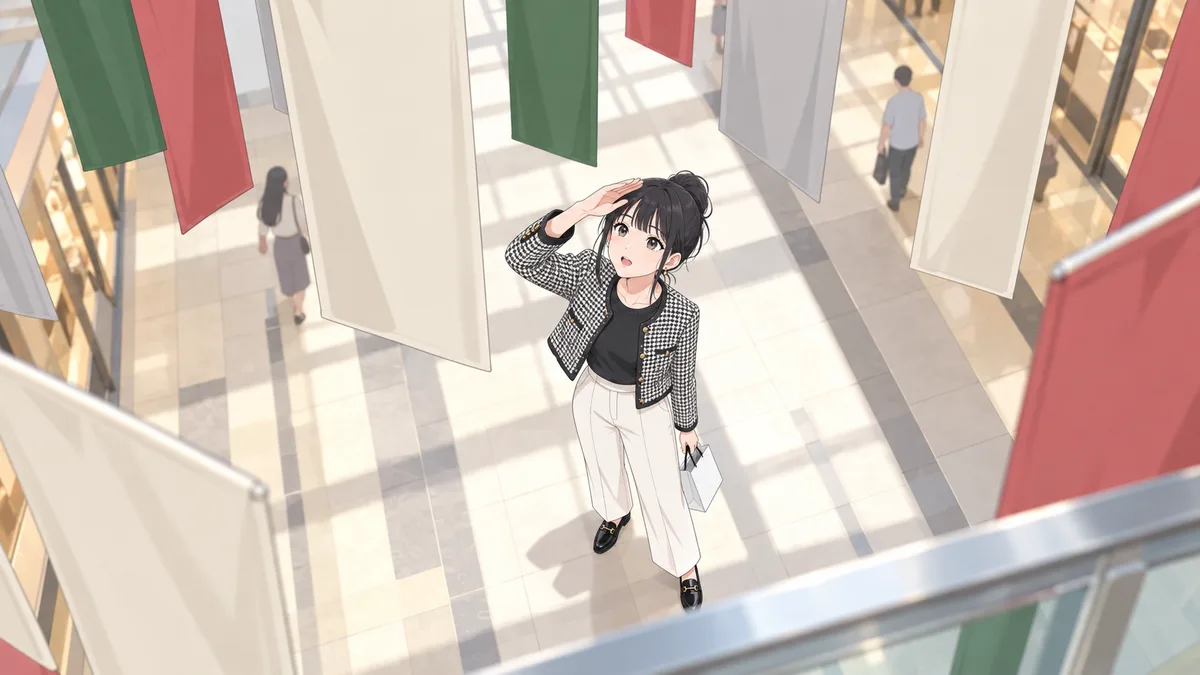 昼のショッピングモールの吹き抜けで、伊緒が通路に立ち止まり、天井からいくつも下がったセールの垂れ幕を、額に手をかざして見上げている