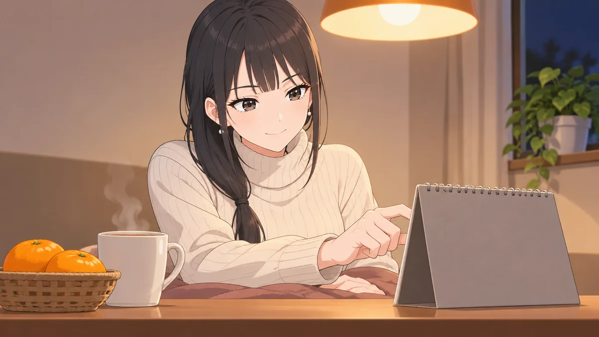 夜、リビングのこたつに入った伊緒が、天板に立てた卓上カレンダーの冬のセールが始まる日に、緑の丸いシールを指で貼って、少し得意げにしている