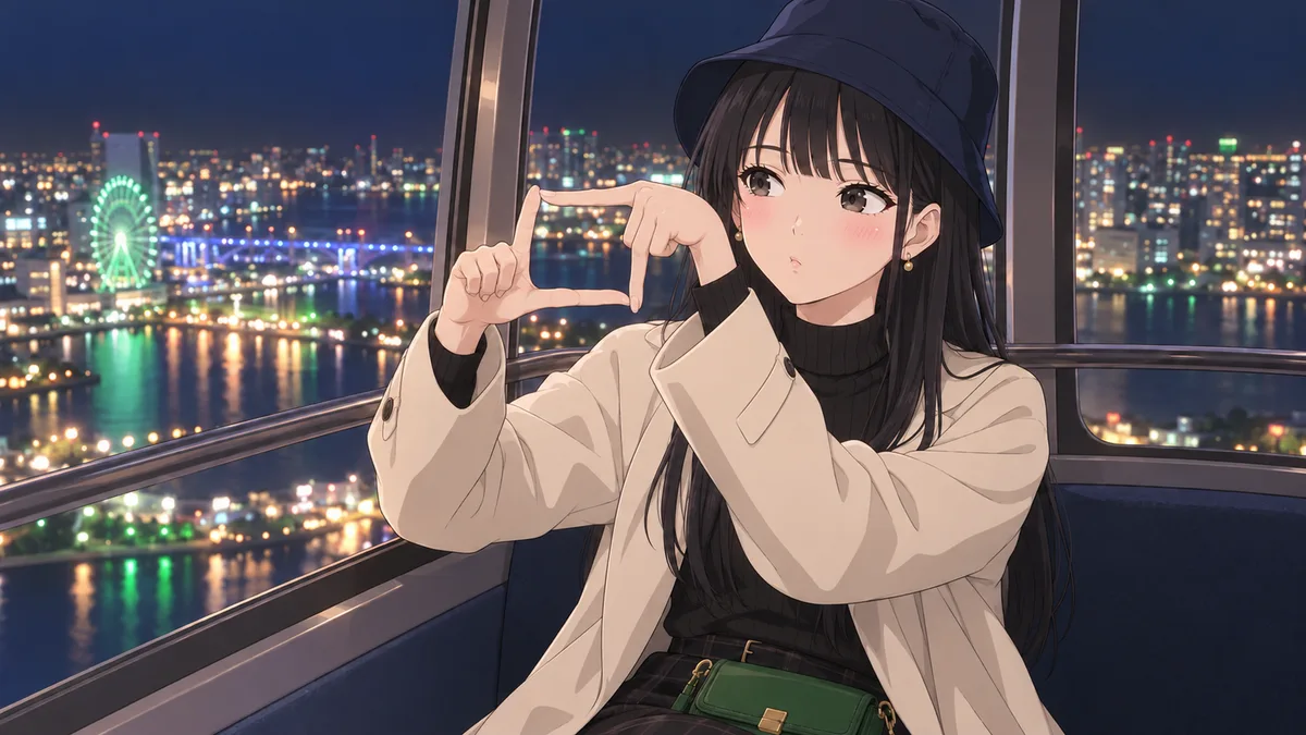 夜の観覧車のゴンドラで、伊緒が窓の外の夜景を両手の指で作った四角い枠で切り取りかけたまま、照れくさそうに目をそらしている
