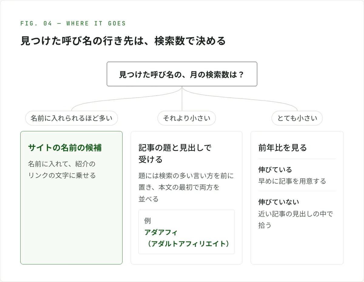 図解。見つけた呼び名の月の検索数で行き先を分ける。名前に入れる中くらいのキーワードになるほど多ければサイトの名前の候補にし、それより小さければ記事の題と見出しで受け、本文の最初で「アダアフィ(アダルトアフィリエイト)」のように両方を並べる。とても小さければ前年比を見て、伸びていれば早めに記事を用意し、伸びていなければ近い記事の見出しの中で拾う