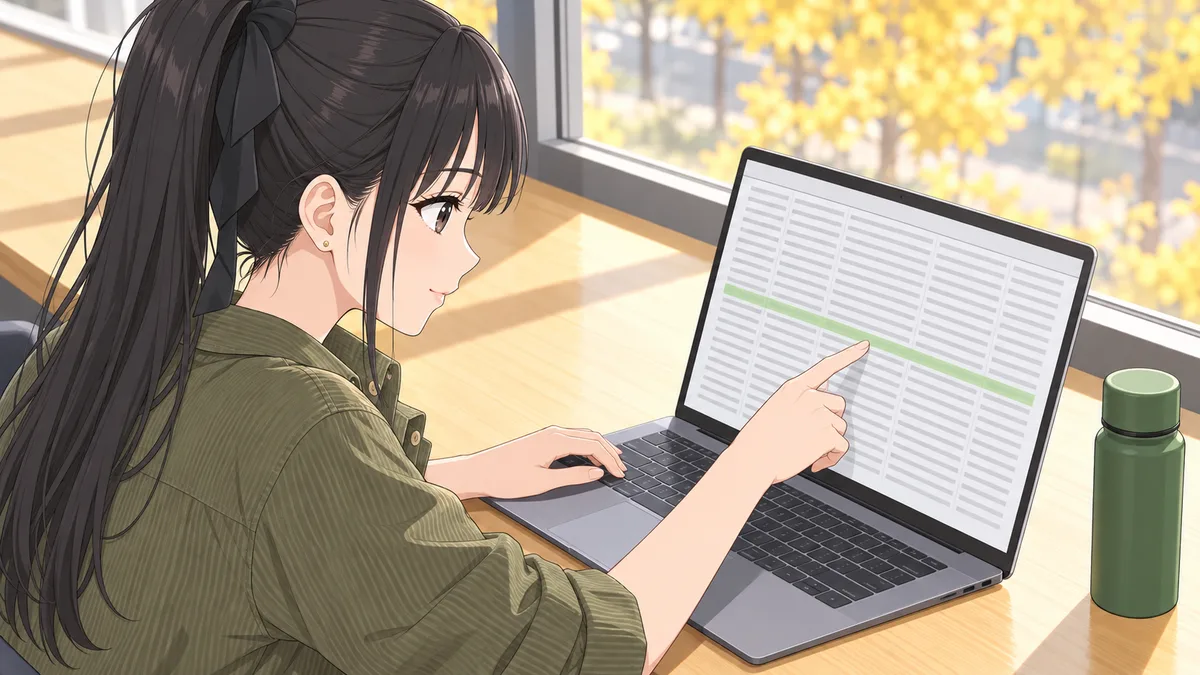 晴れた午後の図書館の窓ぎわで、伊緒がノートPCに出した長いキーワードの一覧を目で追い、淡い緑に塗った1行を指さして見つけたところ