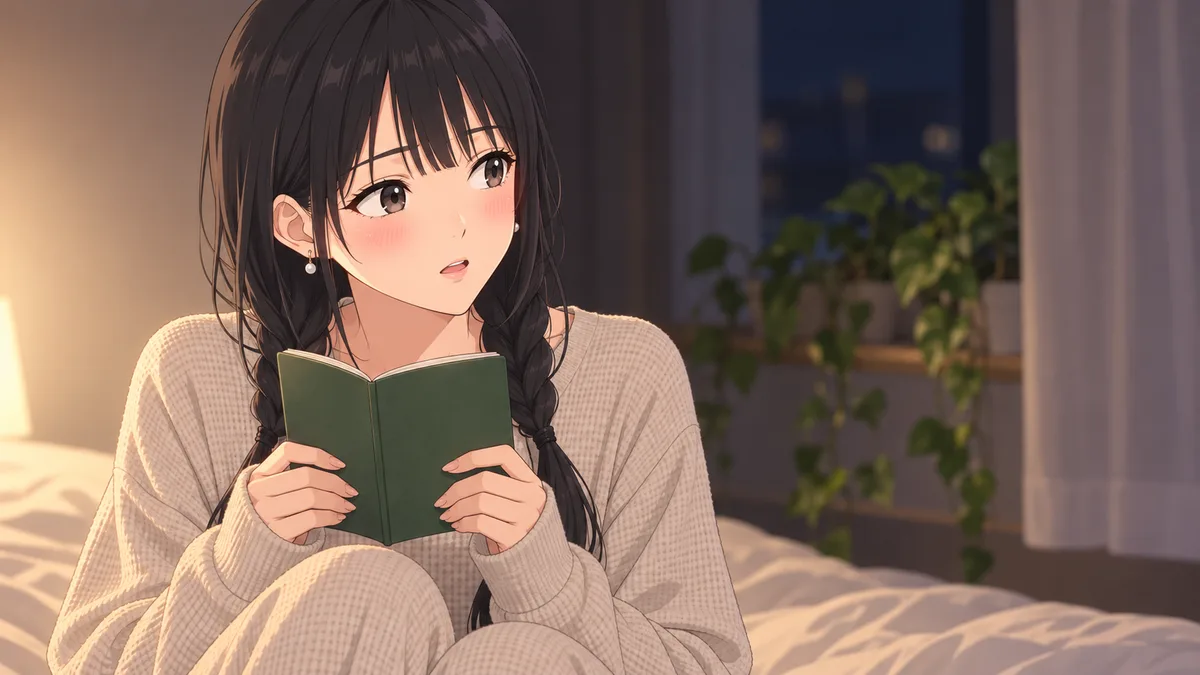 夜、自分の部屋のベッドのふちに腰かけた伊緒が、名前の候補を書いた手帳を両手で持って小さな声で読みながら、だれもいないかドアの方をちらっとうかがっている