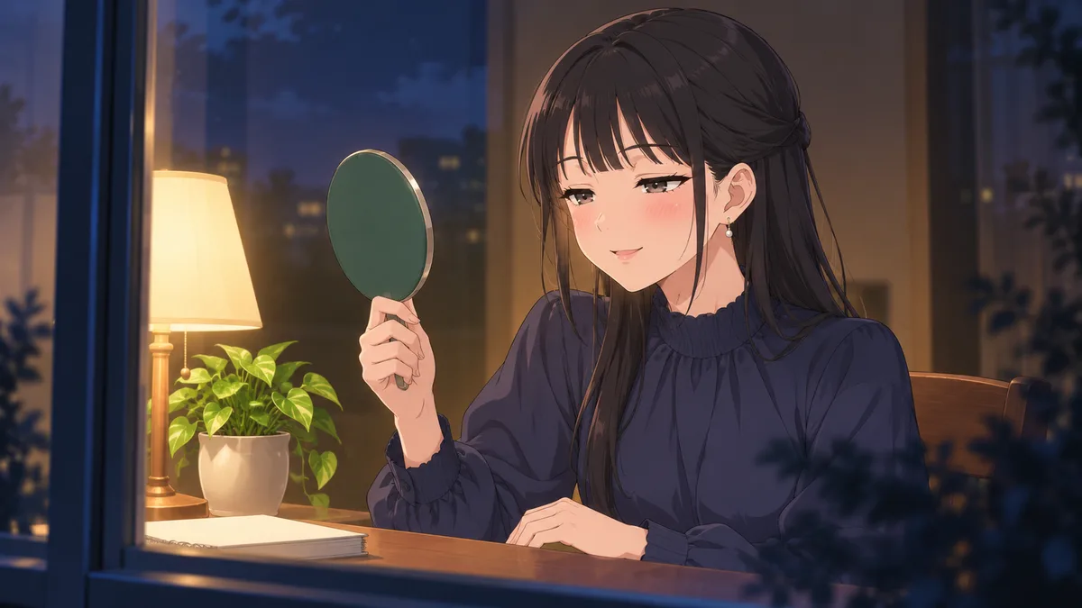 夜、自分の部屋の窓辺で、伊緒が手鏡をのぞきこみ、まばたきの途中の半目を自分でやってみて、照れ笑いしている