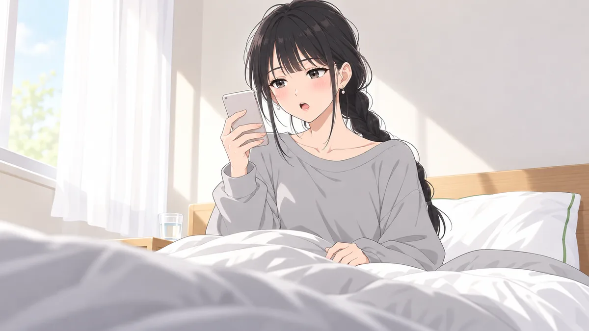朝の自室のベッドで、伊緒が上半身を起こし、鳴っているスマートフォンを手に、驚いたような顔で画面を見ている