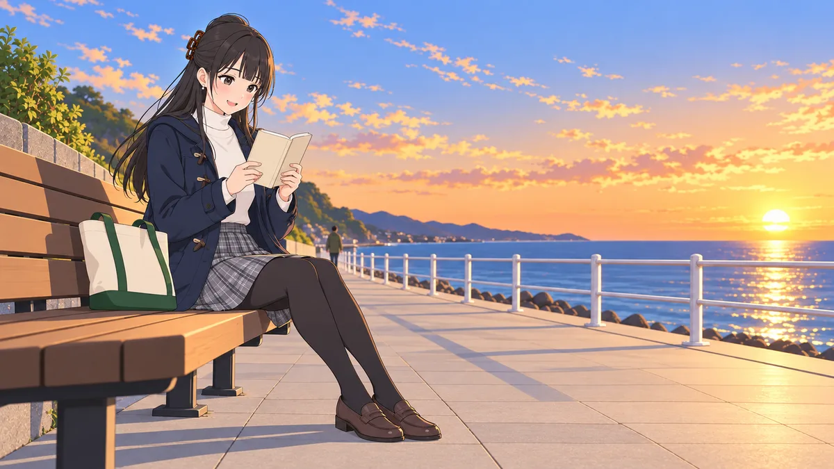 夕方の海辺の遊歩道のベンチで、伊緒が文庫本を開き、声に出して読んでみている