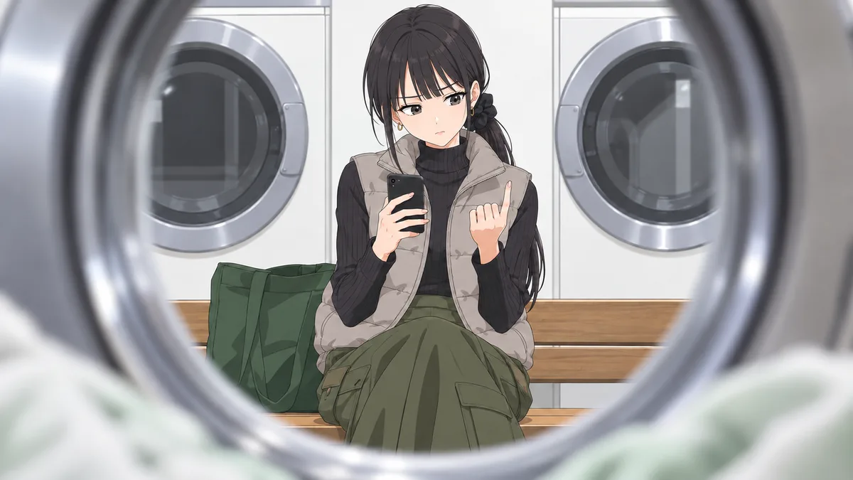 コインランドリーのベンチで、伊緒がスマホの電卓を見ながら左手の指を折って本数を数え、眉を寄せている。手前に、回っている洗濯機の丸いガラスの扉のふちが写る