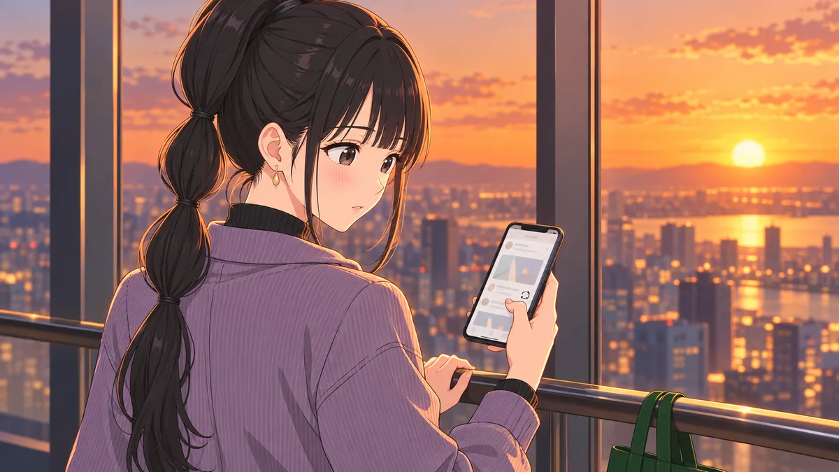 夕方の展望台の大きな窓ぎわで、伊緒がスマホのタイムラインを見ながら、親指をリポストのボタンの上で止めて、はっとした顔をしている。肩越しに見た構図で、窓の外には夕焼けの街並みが広がる