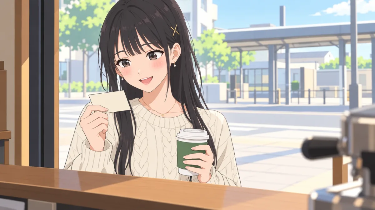 朝の駅前のコーヒースタンドで、伊緒がテイクアウトのカップを左手に持ち、右手で受け取ったばかりのスタンプカードを見て、ちょっと得したように口元をほころばせている