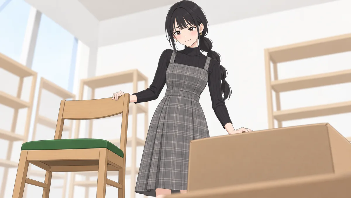 休日の家具店の売り場で、伊緒が、組み立て済みの木の椅子の背もたれに右手を置き、左手で組み立て式の家具が入った大きな段ボールの箱に触れて、どちらにするか迷っている