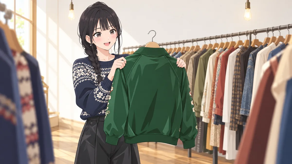 古着屋で、伊緒が、色とりどりの服がぎっしり並ぶ長いラックを背に、袖に花の刺しゅうが入った濃い緑のジャケットをハンガーごと持ち上げ、うれしそうに見ている
