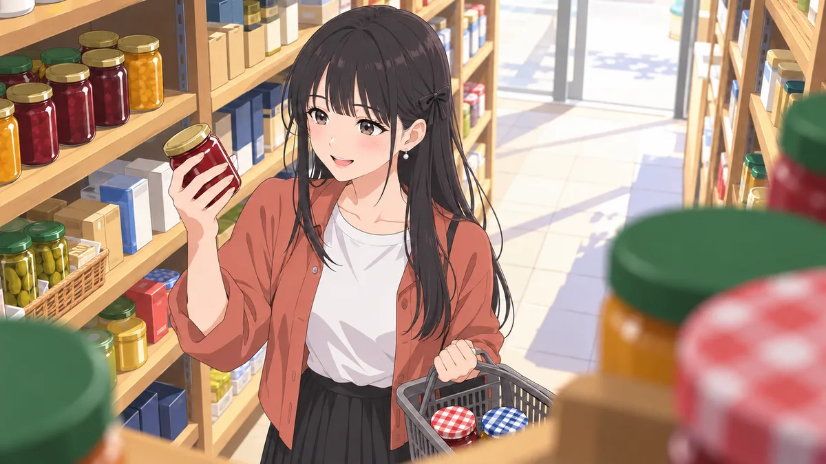 輸入食品のお店で、伊緒が棚から外国のジャムの瓶を1つ手に取り、じっくり見ている。手に提げた買い物かごには、もう選んだ瓶が2つ入っている
