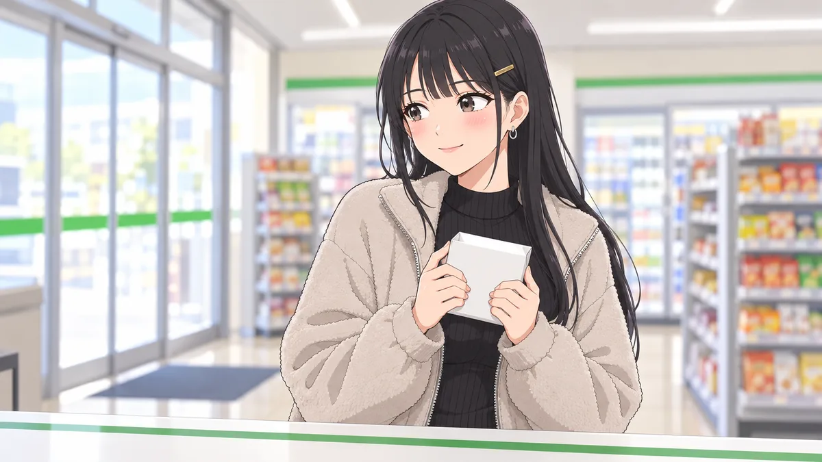 朝のコンビニのレジで、伊緒が無地の白い小さな箱を両手で受け取り、胸の前に抱えながら、ちらっと入口の方を気にしている