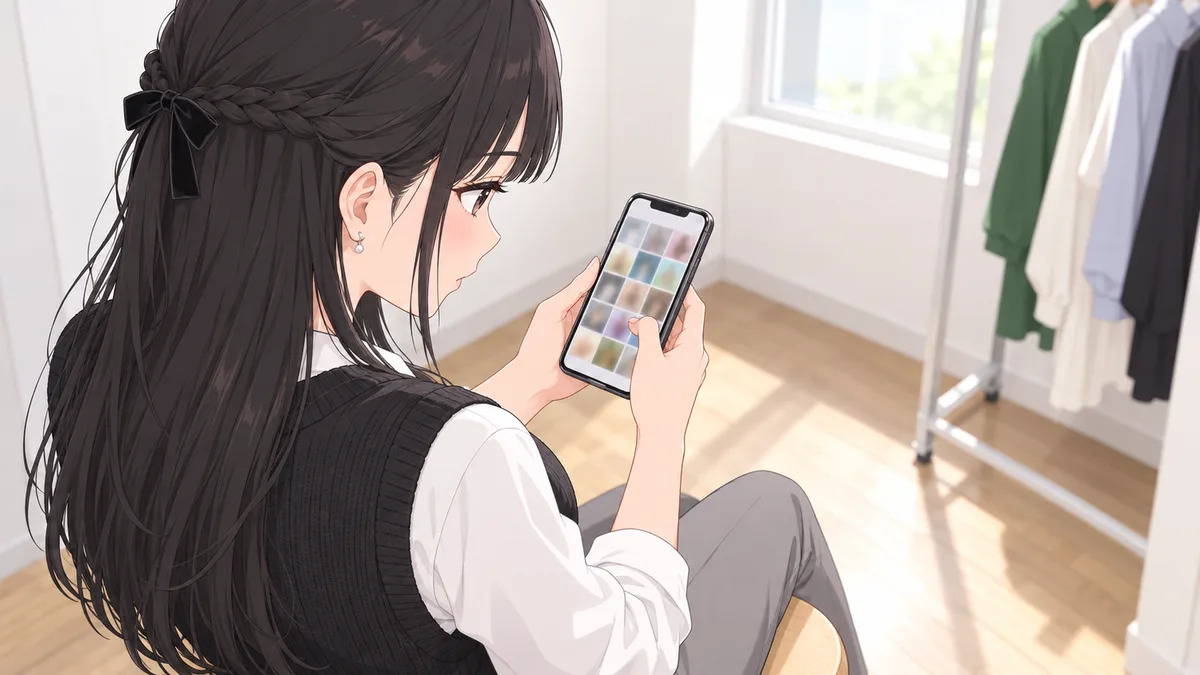 写真スタジオの控え室で、伊緒がスツールに座り、スマホに並んだ自分の写真から、アカウントのプロフィール画像を選んでいる。肩越しに見た構図で、画面には小さな写真がぼんやり並ぶ